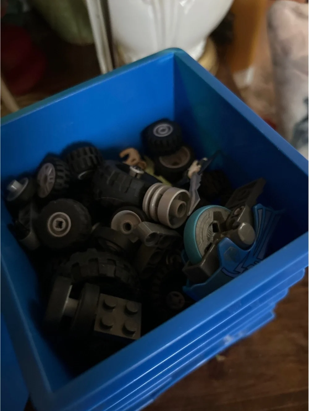 LEGO Blue Storage Brick Box with Assorted Wheels and Parts